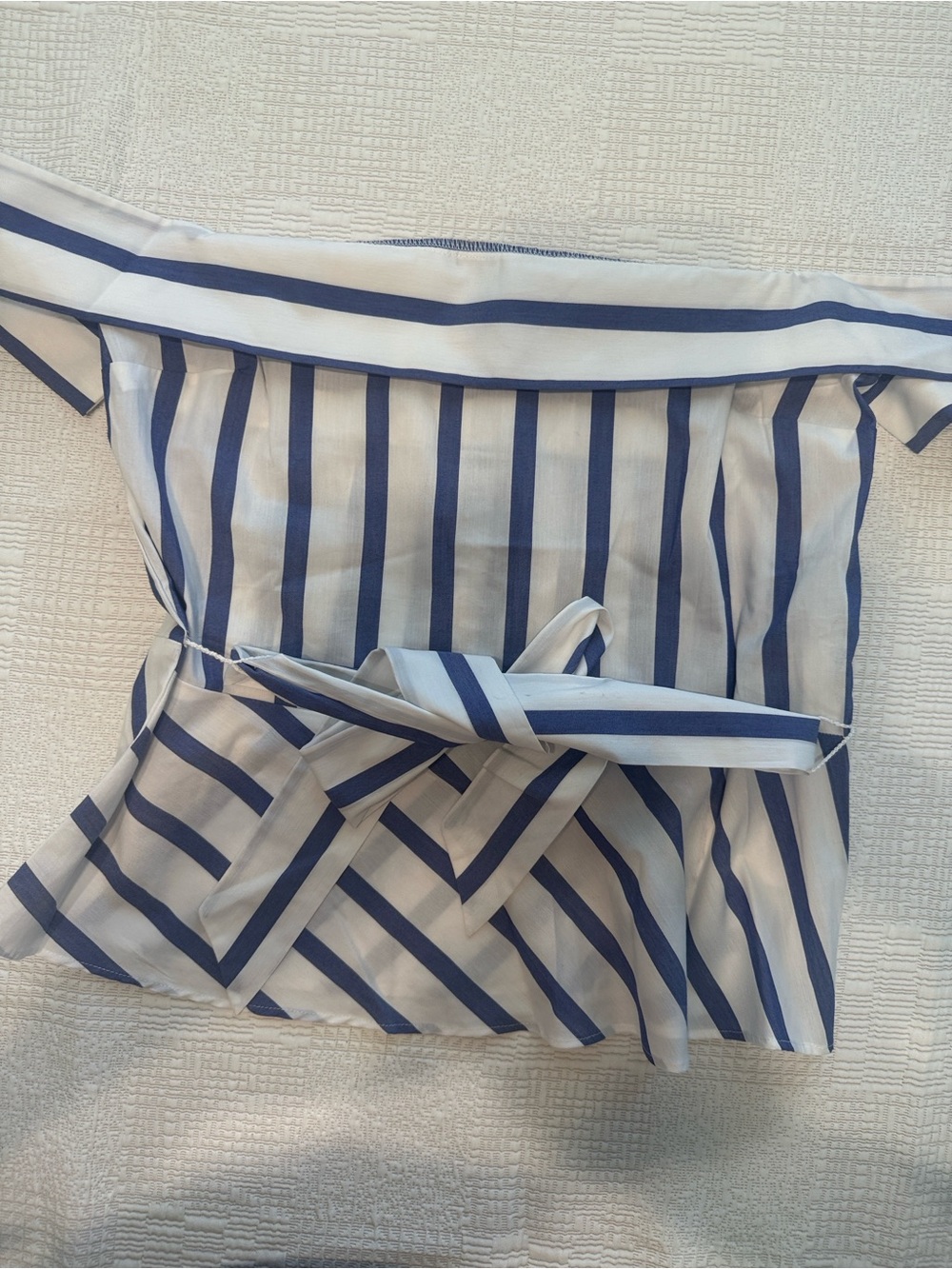 Express Women’s Navy and White Striped Off The Shoulder Top
